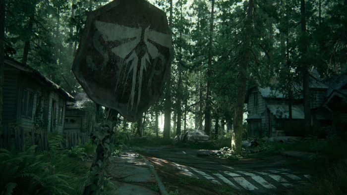 The Last of Us Part 2 Forest Path with Overgrown Stop Sign