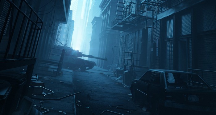 Apocalyptic alley with tank and car