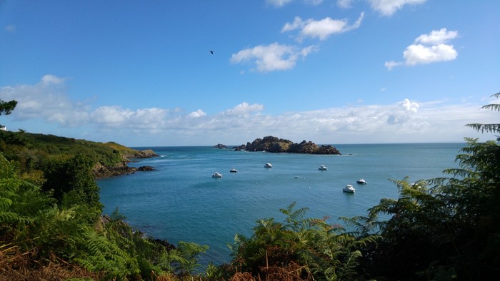 Boats in a bay with rocky islands and green coastline