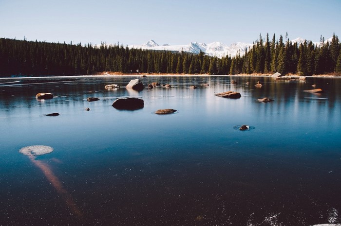 Frozen lake with rocks and pine forest in the mountains