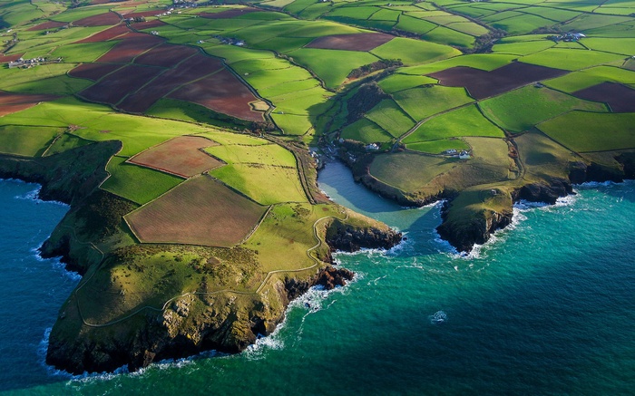 Aerial view of coastal farmland with green and brown fields