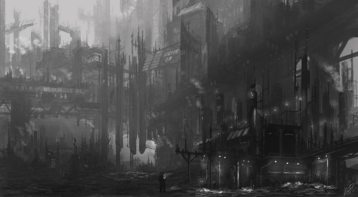 Monochrome dystopian cityscape with fog and industrial structures