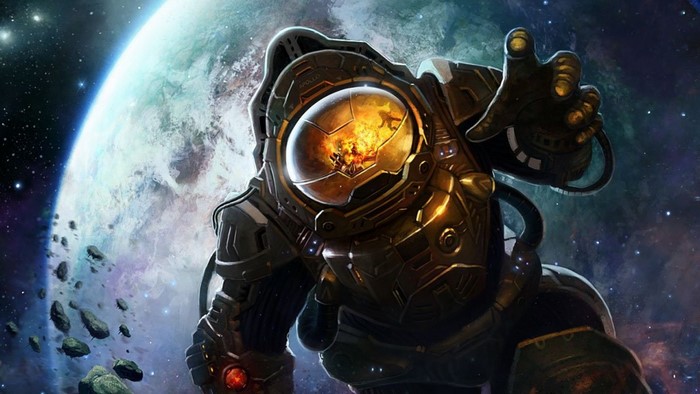 Astronaut in a futuristic suit reaching out in space