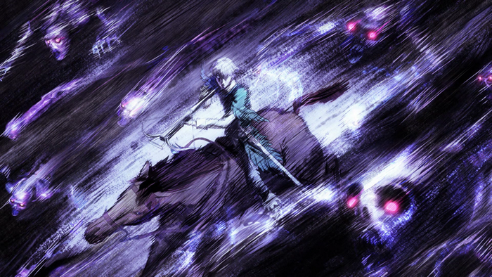 Man on horse fighting purple monsters