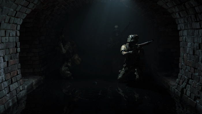 Soldiers in a dark brick tunnel, Death Stranding