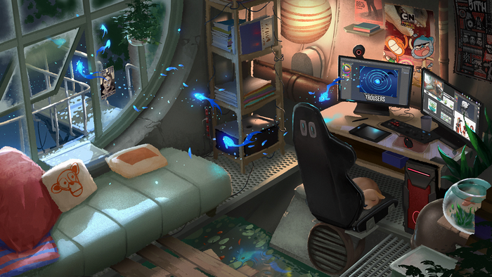 Cozy room with computer setup and fish tank