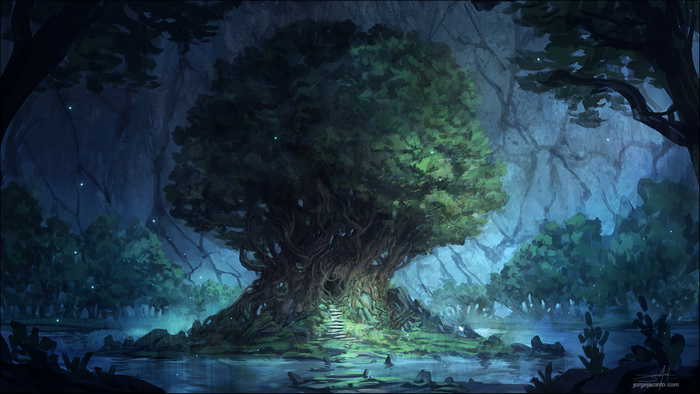 Enchanted forest cave with a large ancient tree and a lake