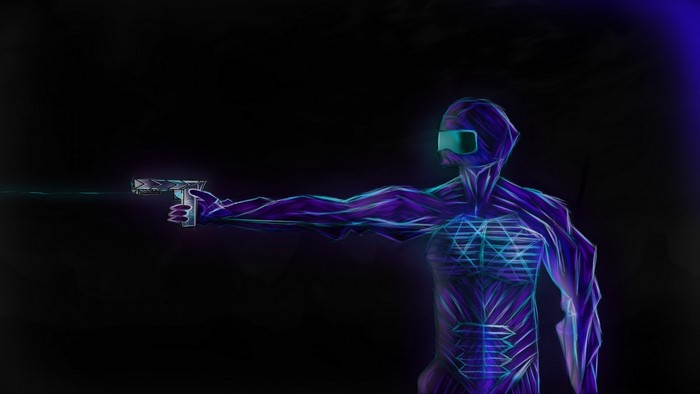 Futuristic figure with VR headset holding a gun