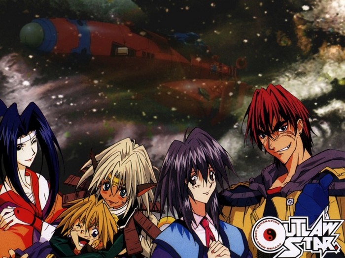Outlaw Star characters with spaceship in space