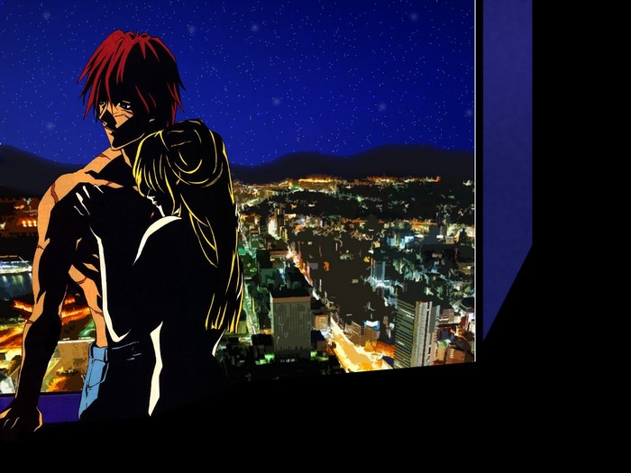 Couple embracing overlooking city at night from Outlaw Star