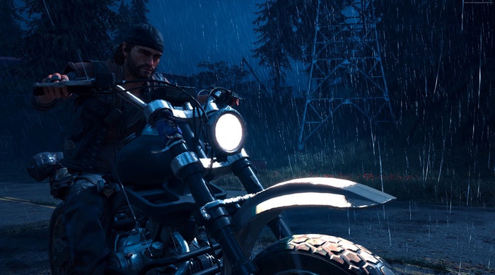 Deacon St. John from Days Gone on a motorcycle in the rain