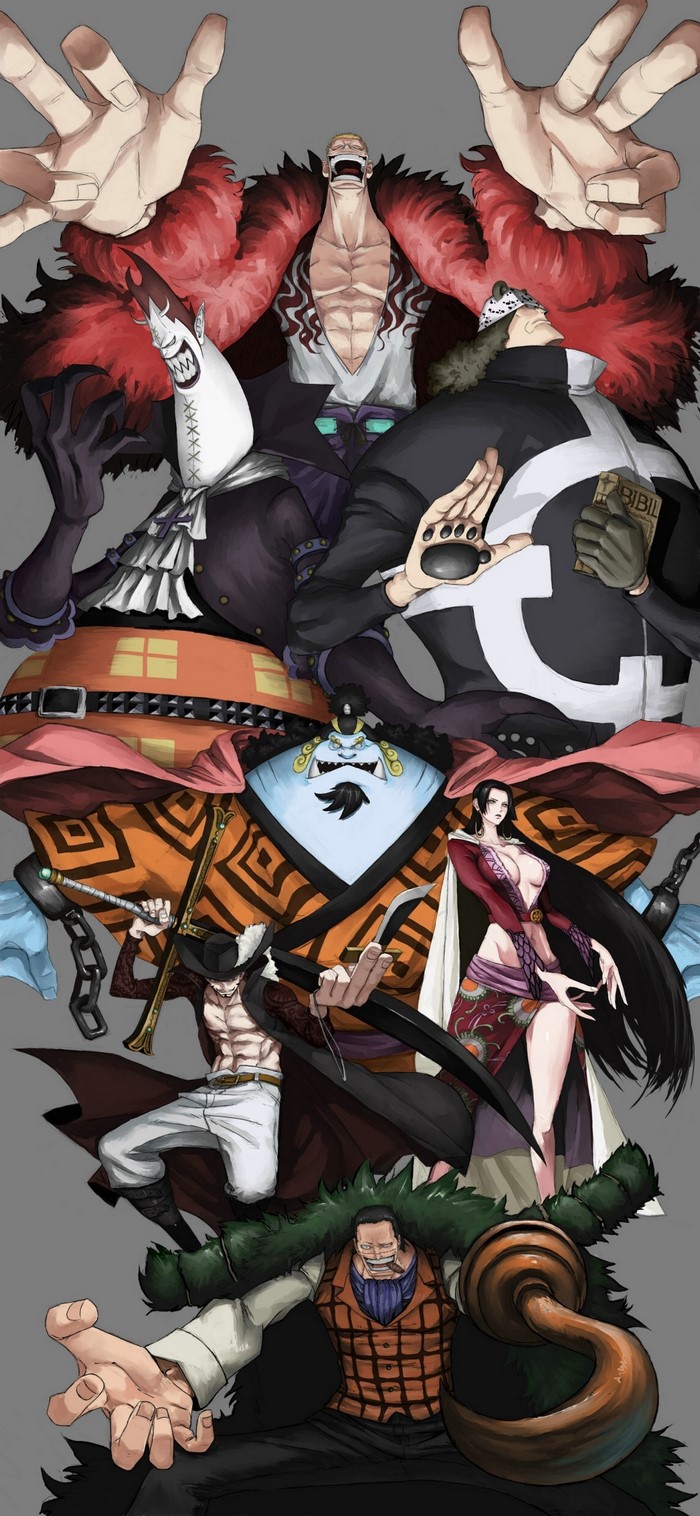 One Piece characters: Crocodile, Mihawk, Jinbe, Hancock, Doflamingo, Kuma, Moria