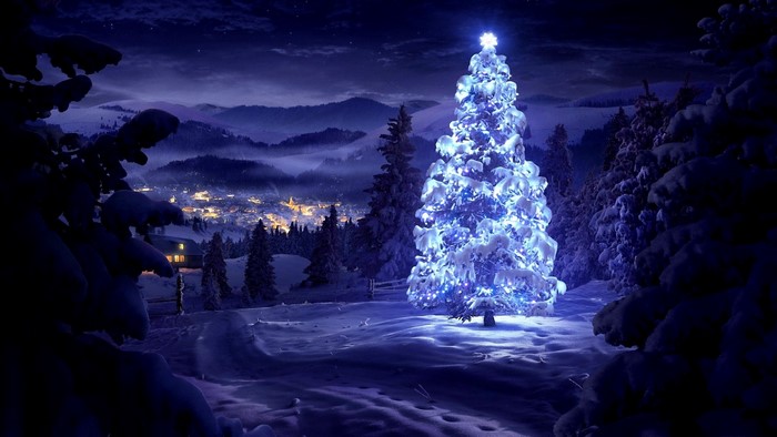 Decorated Christmas tree in a snowy village at night
