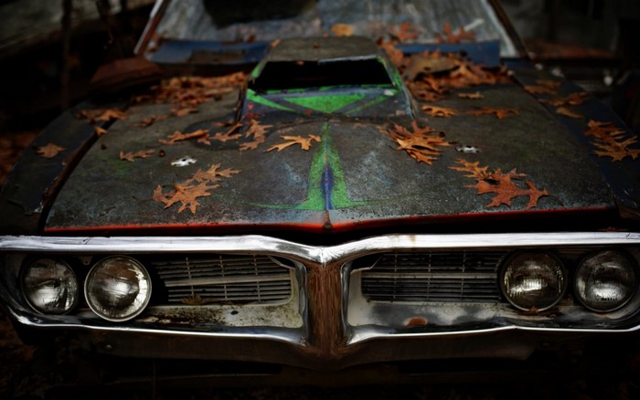 Front of a rusty Pontiac car covered in leaves