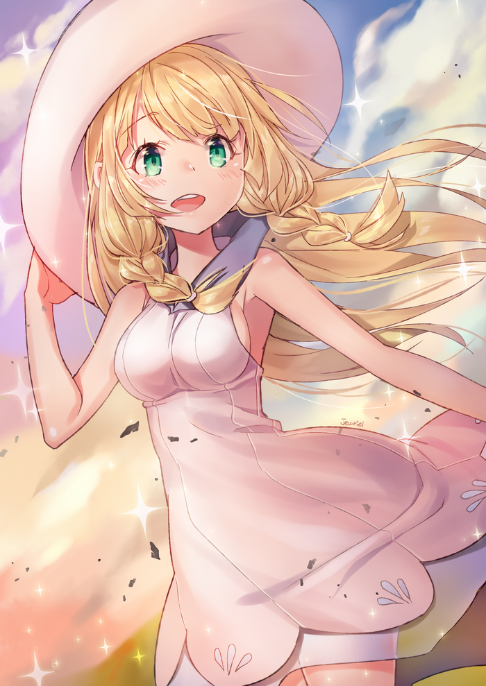 Anime girl with blonde hair and green eyes wearing a hat and dress