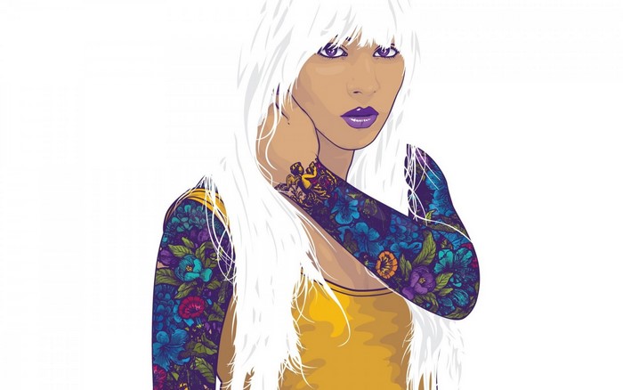 Illustration of a woman with white hair and floral tattoos