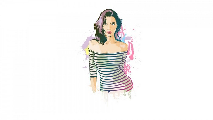 Illustration of a woman in a striped off-the-shoulder top