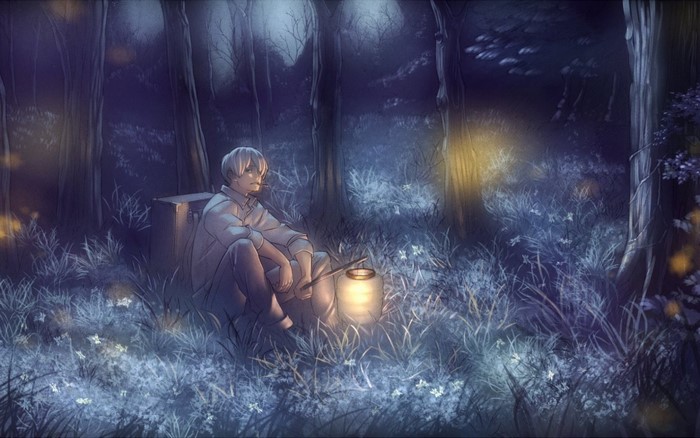 Ginko from Mushishi sitting in a forest at night