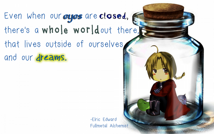 Chibi Elric Edward from Fullmetal Alchemist in a bottle quote