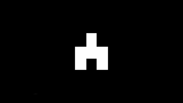 White abstract logo on black background