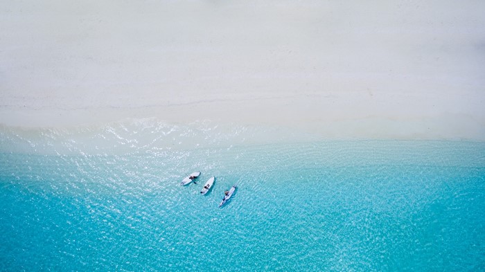 People paddleboarding on a turquoise ocean near a white sand beach