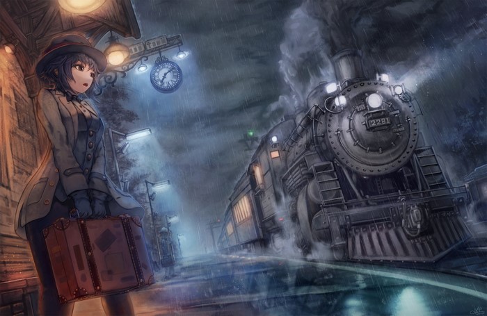 Anime girl with suitcase at train station in rain