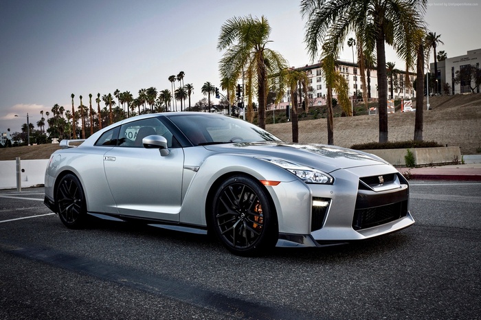 Silver Nissan GT-R Premium parked near palm trees