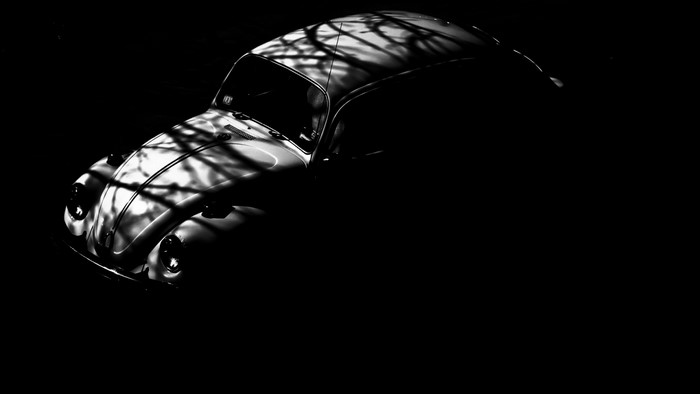 Monochrome image of a vintage Volkswagen Beetle with tree shadows
