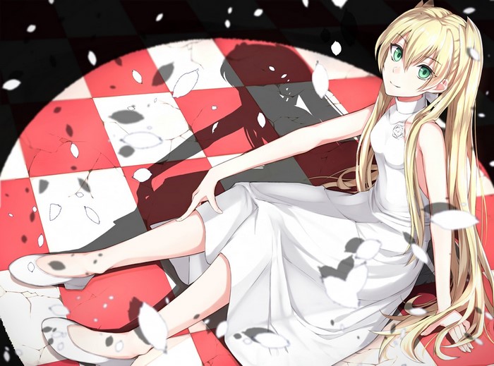 Mary Macbeth from Kekkai Sensen sitting on a checkered floor
