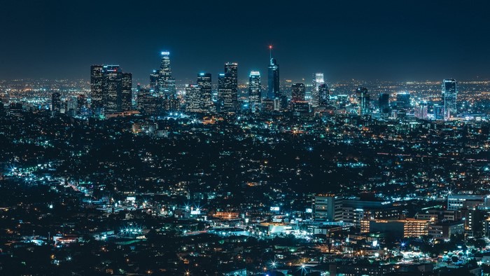Nighttime cityscape of Los Angeles skyscrapers