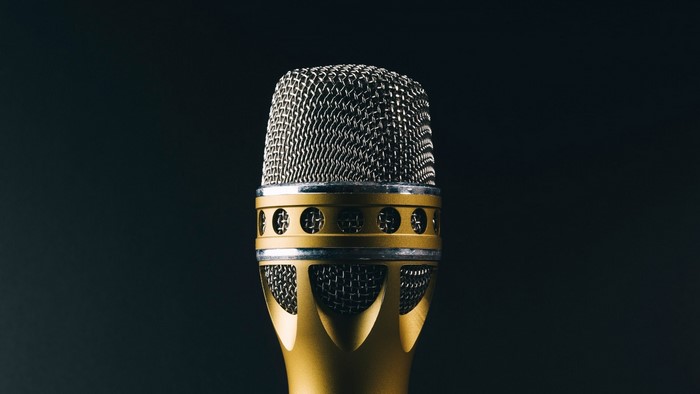 Close-up of a gold and silver microphone