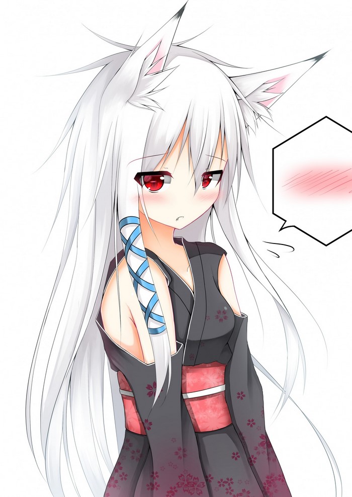 Anime girl with white hair and red eyes wearing kimono
