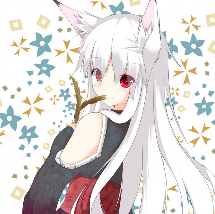 Anime girl with white hair and fox ears holding a twig