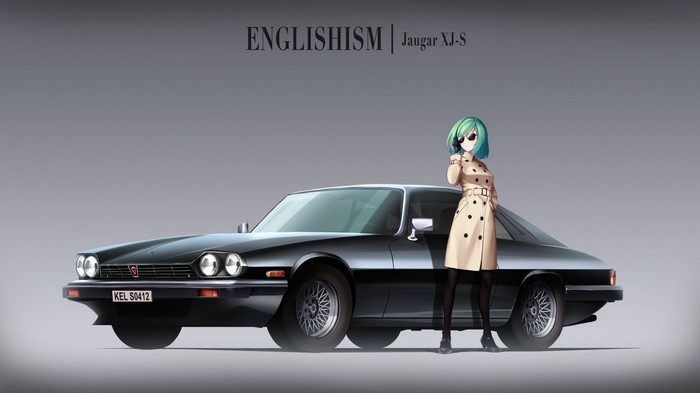 Anime girl with aqua hair and Jaguar XJ-S