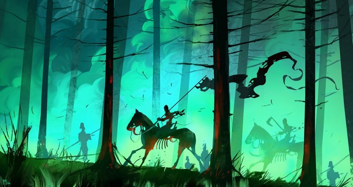 Fantasy illustration of skeletal figures in a dark, glowing forest