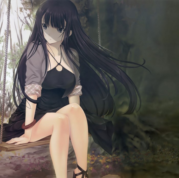 Anime girl with long black hair sitting on a swing