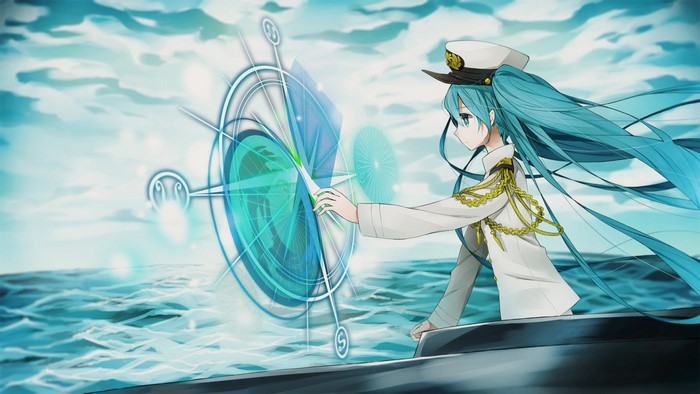 Hatsune Miku from Vocaloid on a ship with a holographic compass