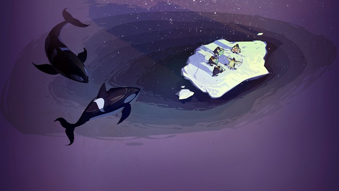 Orcas swim near penguins on an ice floe