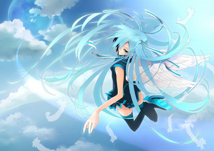 Anime girl with blue hair and wings in the sky