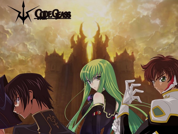 Code Geass: Lelouch, C.C., and Suzaku in front of a castle