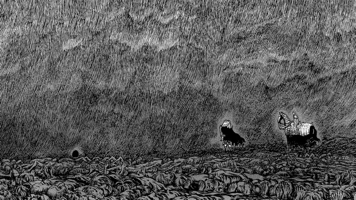 Guts and Griffith from Berserk in a desolate landscape