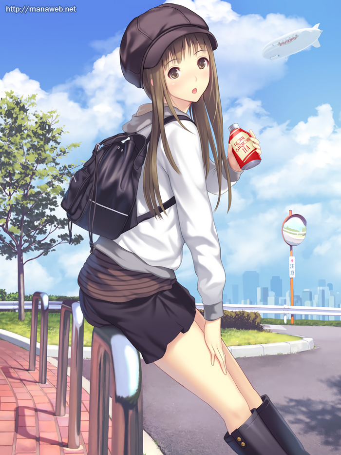 Anime girl with backpack and hat holding a drink