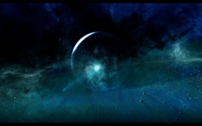 Planet in a nebula with asteroids