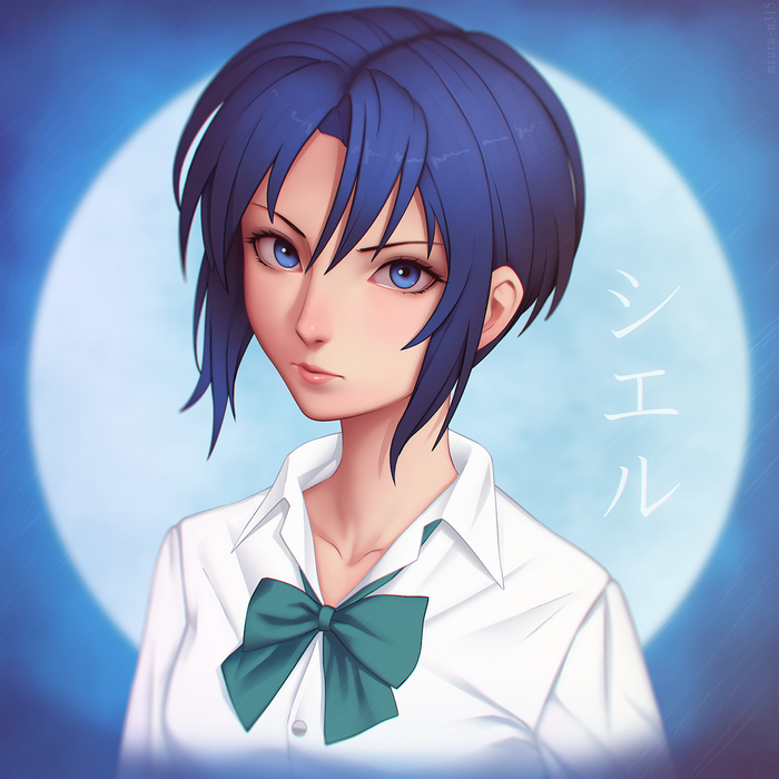Anime girl with blue hair and blue eyes