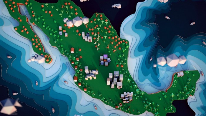 Low poly illustration of a stylized world map with cities and water
