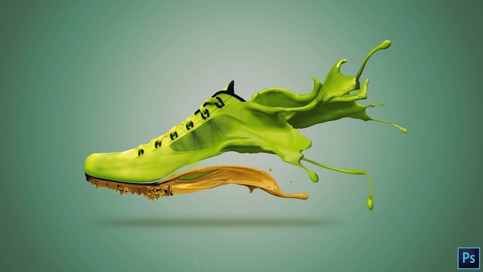 Neon green running shoe with gold and green paint splashes