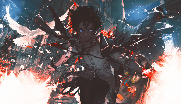 Anime character with glowing eyes and doves