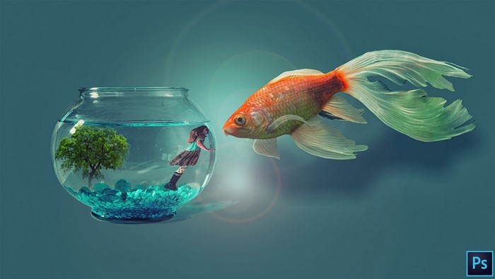 Girl and tree in fishbowl with goldfish