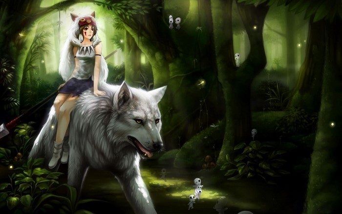 San riding a wolf in a mystical forest with Kodama
