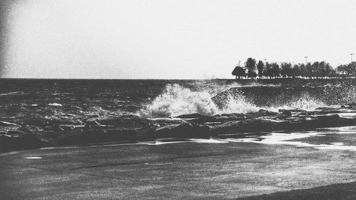 Waves crashing on a rocky shore with trees in the background